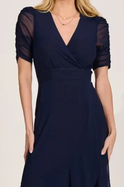 Ruched Sleeve Mesh Maxi Dress, Navy