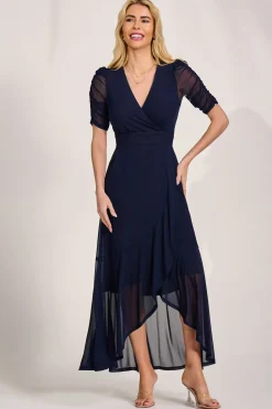 Ruched Sleeve Mesh Maxi Dress, Navy