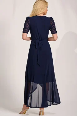 Ruched Sleeve Mesh Maxi Dress, Navy
