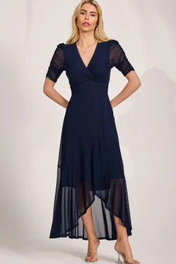 Ruched Sleeve Mesh Maxi Dress, Navy
