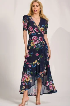 Ruched Sleeve Mesh Maxi Dress, Navy Floral