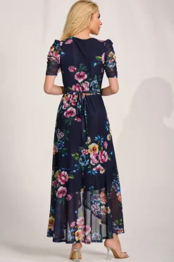 Ruched Sleeve Mesh Maxi Dress, Navy Floral