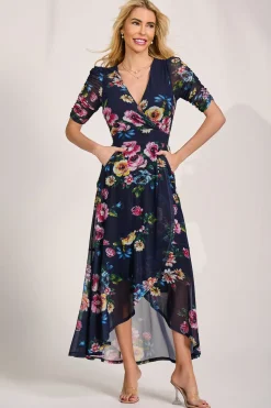 Ruched Sleeve Mesh Maxi Dress, Navy Floral