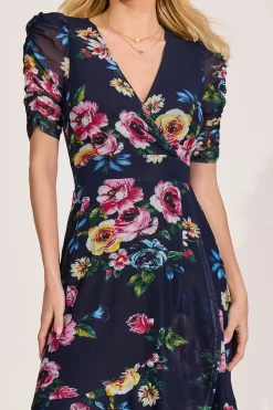 Ruched Sleeve Mesh Maxi Dress, Navy Floral