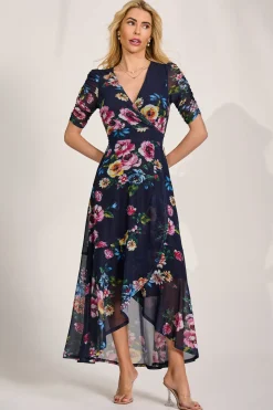 Ruched Sleeve Mesh Maxi Dress, Navy Floral