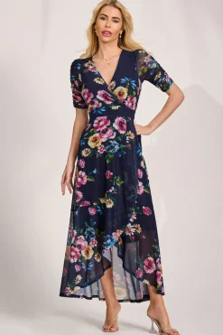 Ruched Sleeve Mesh Maxi Dress, Navy Floral
