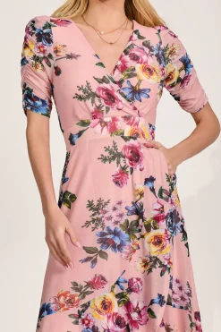 Ruched Sleeve Mesh Maxi Dress, Pink Floral