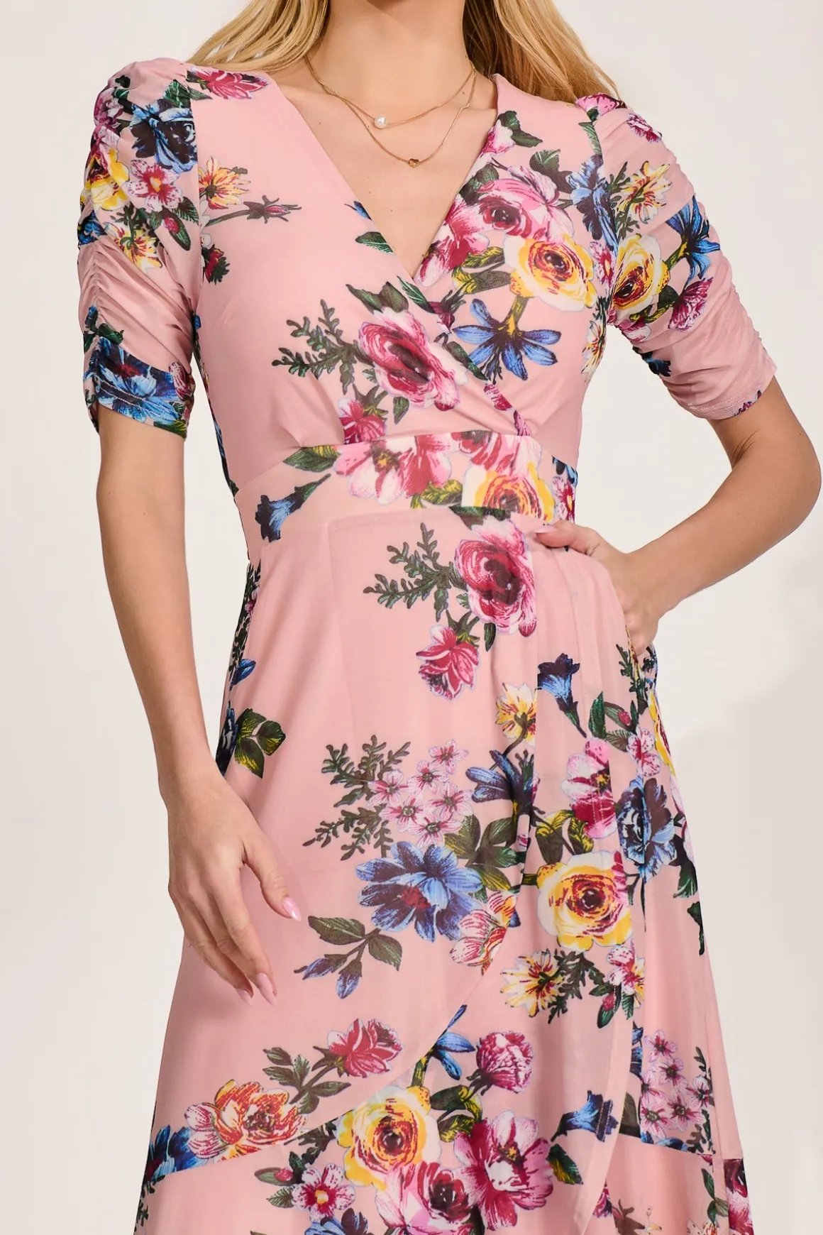 Ruched Sleeve Mesh Maxi Dress, Pink Floral