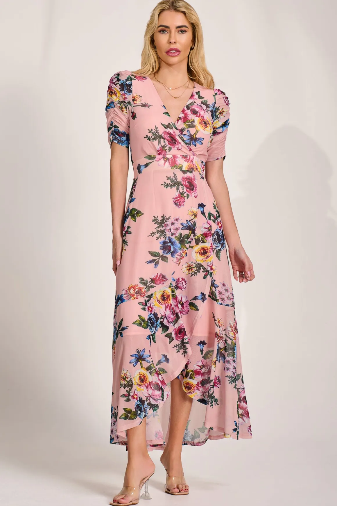 Ruched Sleeve Mesh Maxi Dress, Pink Floral