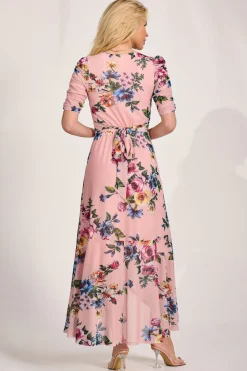 Ruched Sleeve Mesh Maxi Dress, Pink Floral