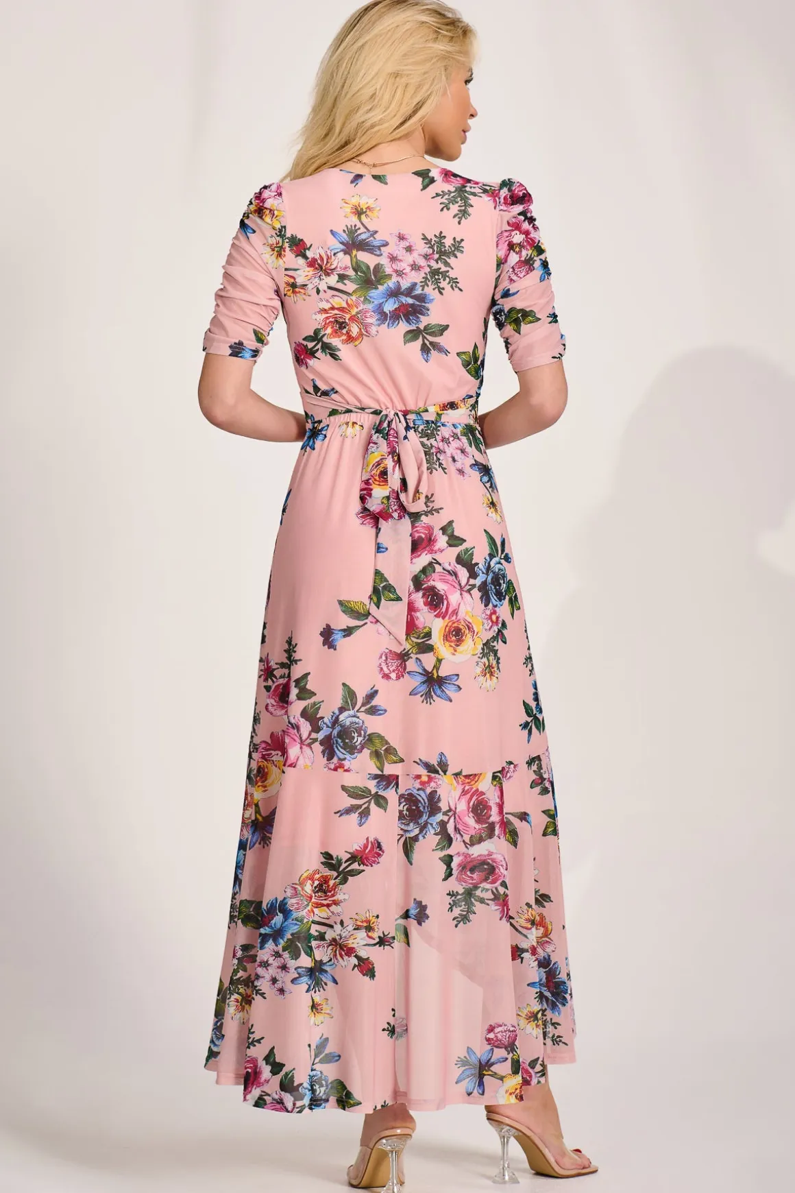 Ruched Sleeve Mesh Maxi Dress, Pink Floral