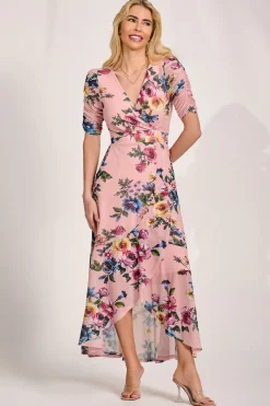Ruched Sleeve Mesh Maxi Dress, Pink Floral