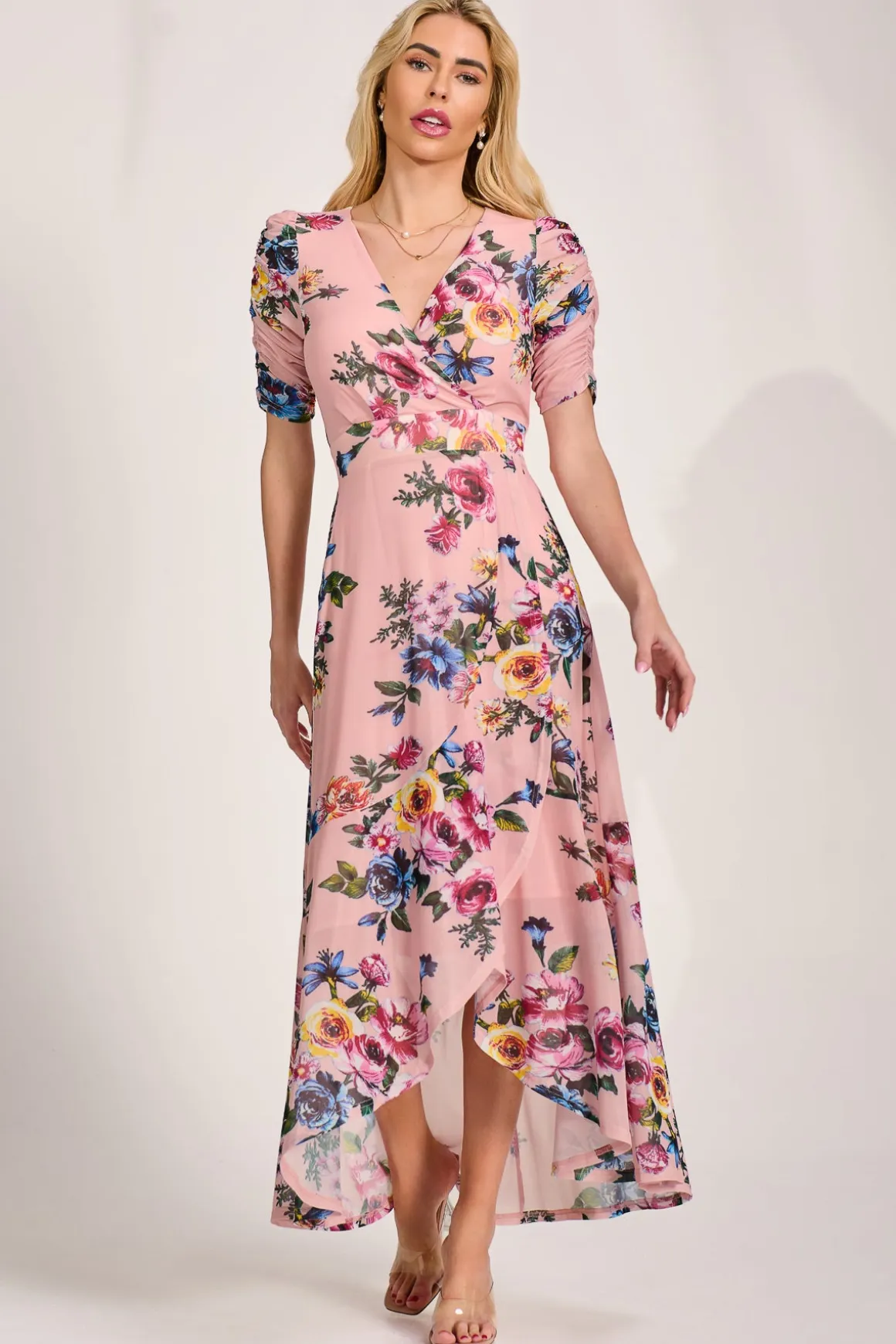 Ruched Sleeve Mesh Maxi Dress, Pink Floral