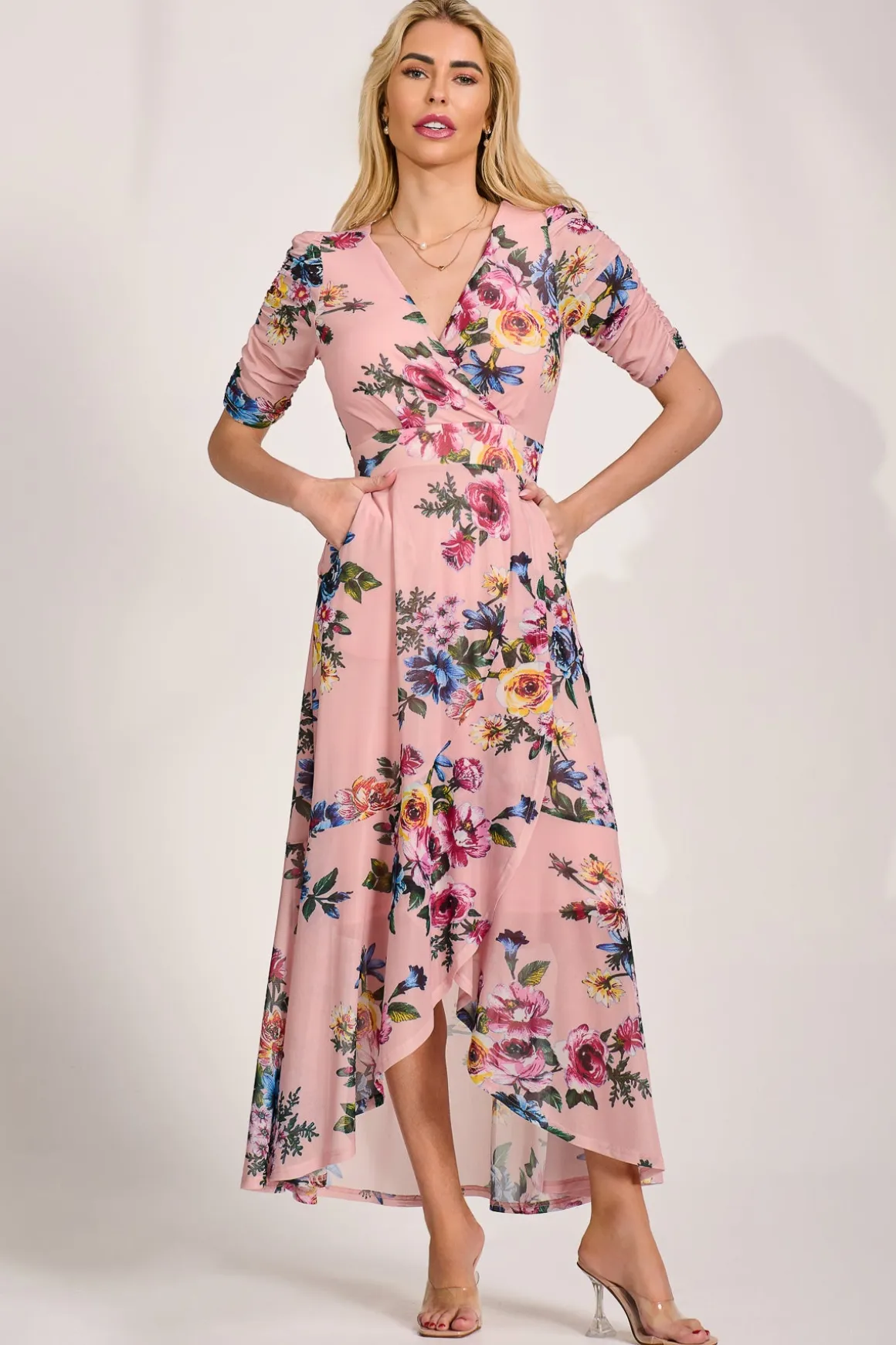 Ruched Sleeve Mesh Maxi Dress, Pink Floral