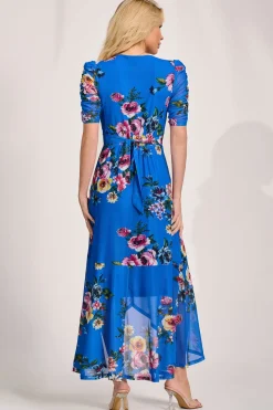 Ruched Sleeve Mesh Maxi Dress, Royal Blue Floral