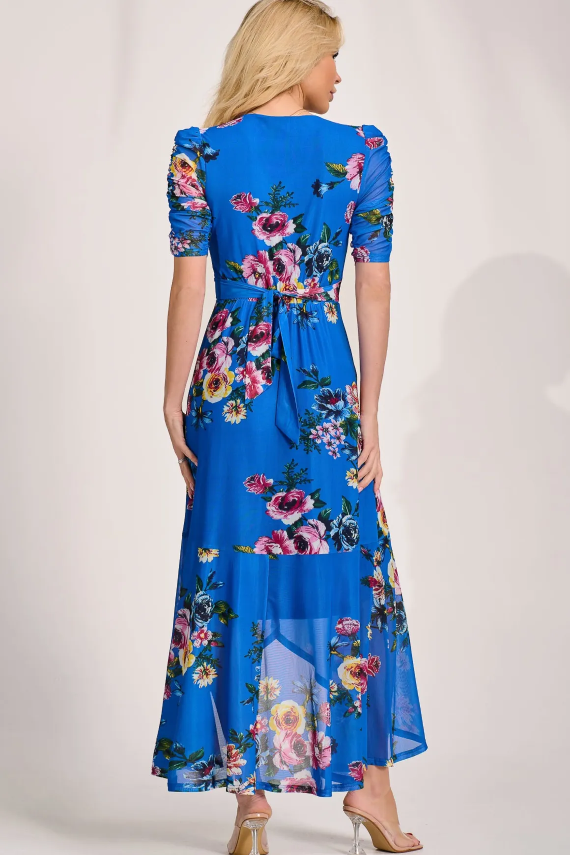 Ruched Sleeve Mesh Maxi Dress, Royal Blue Floral