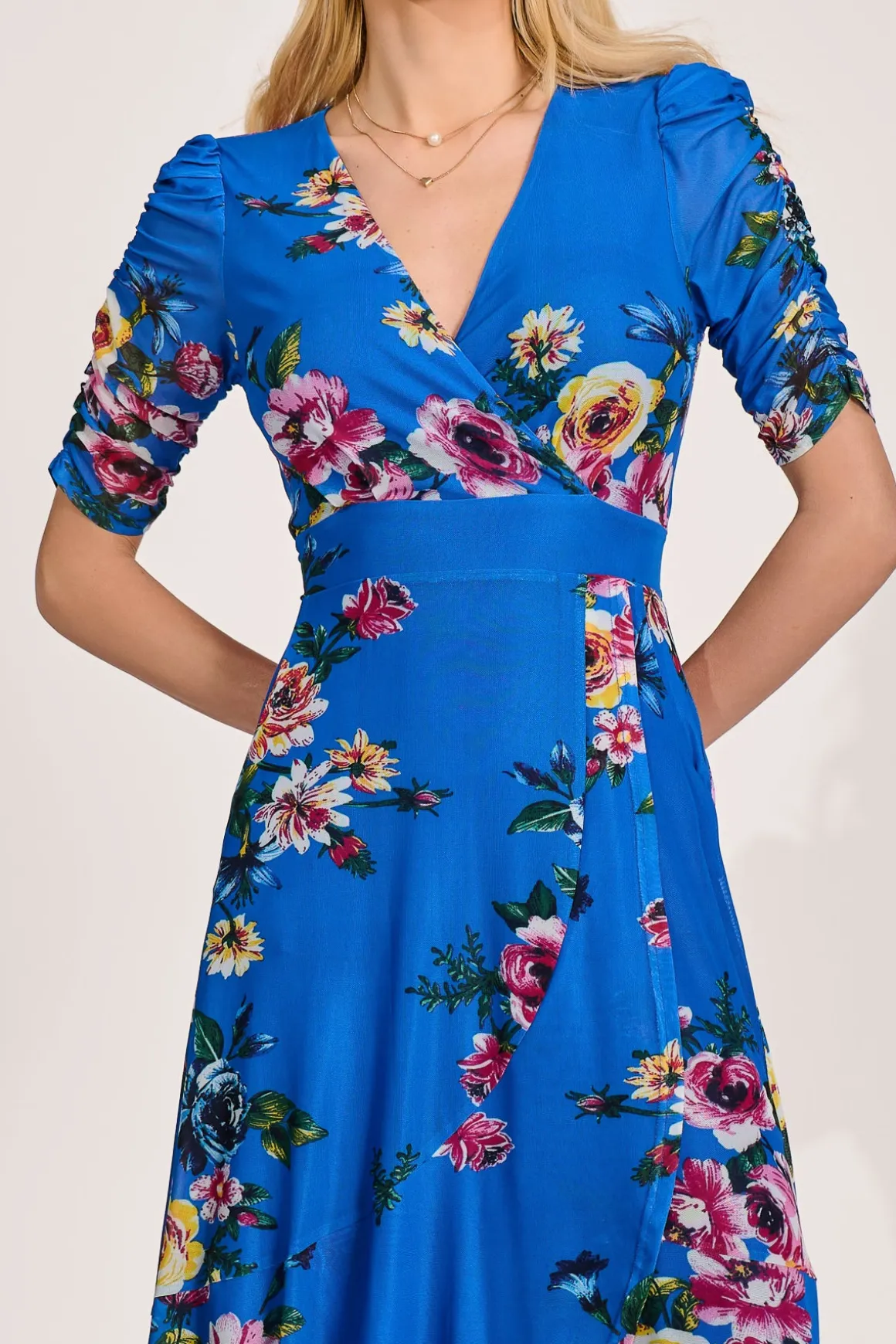Ruched Sleeve Mesh Maxi Dress, Royal Blue Floral