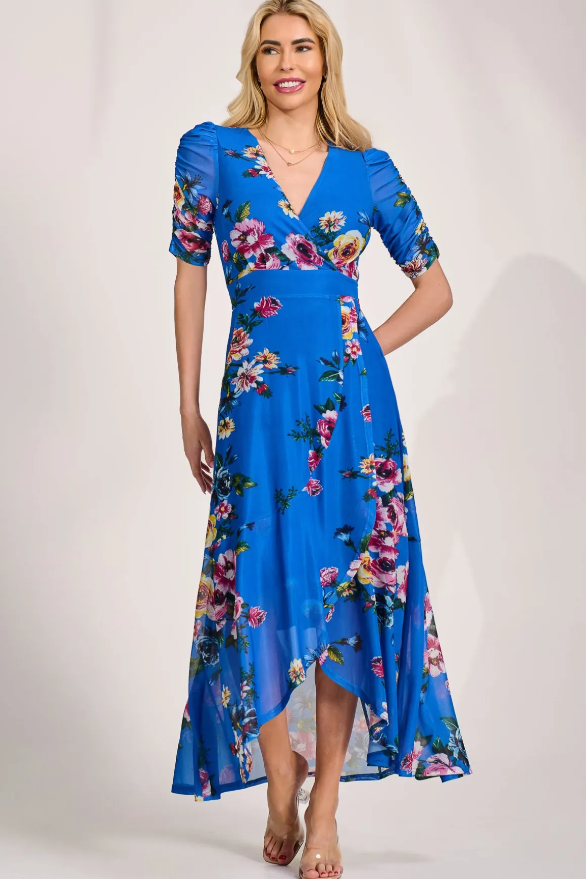 Ruched Sleeve Mesh Maxi Dress, Royal Blue Floral