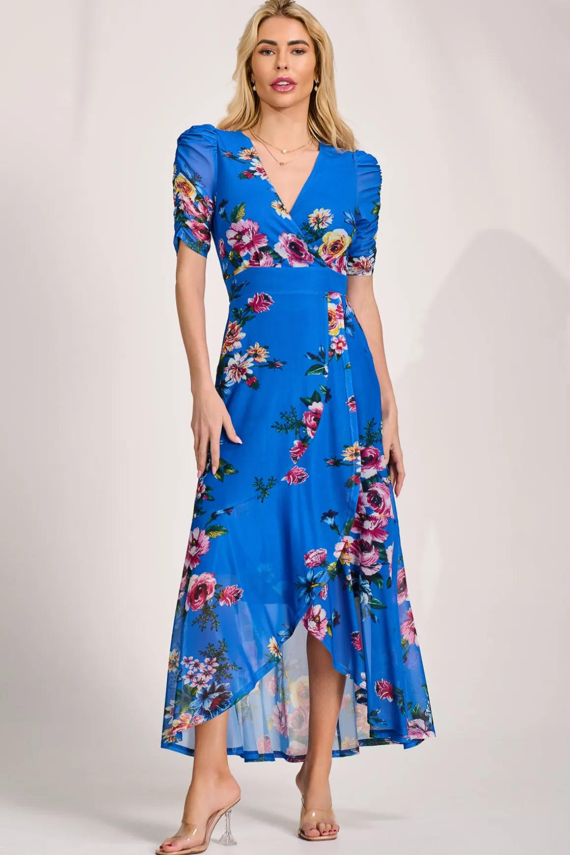 Ruched Sleeve Mesh Maxi Dress, Royal Blue Floral
