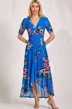 Ruched Sleeve Mesh Maxi Dress, Royal Blue Floral