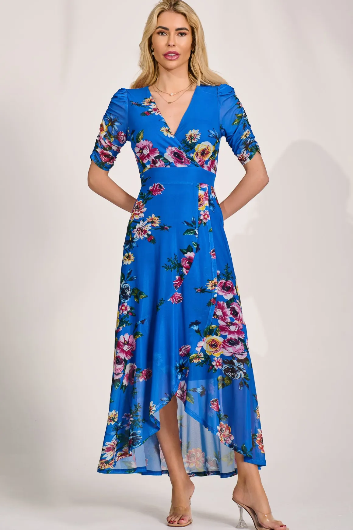 Ruched Sleeve Mesh Maxi Dress, Royal Blue Floral