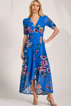Ruched Sleeve Mesh Maxi Dress, Royal Blue Floral