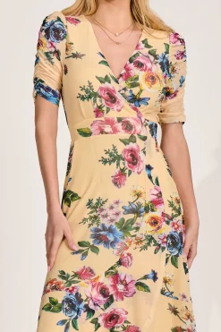 Ruched Sleeve Mesh Maxi Dress, Yellow Floral