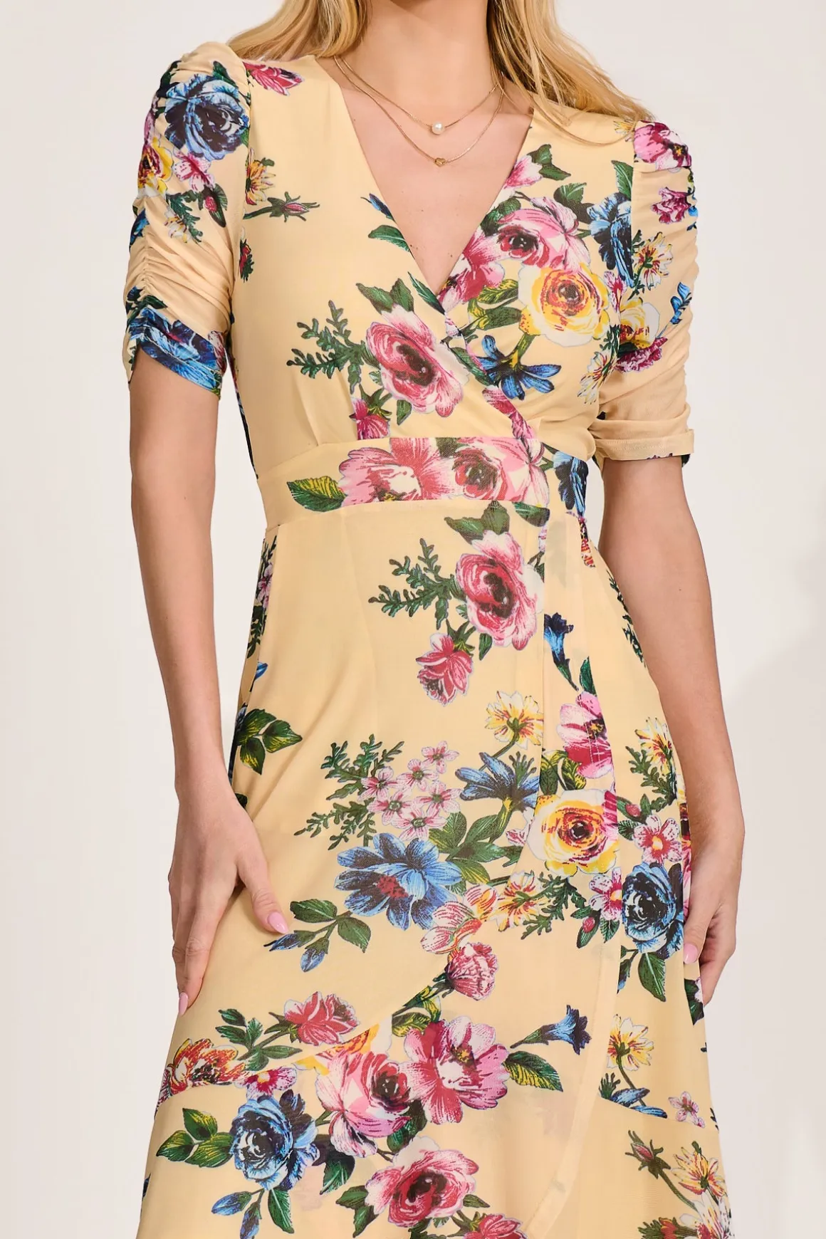 Ruched Sleeve Mesh Maxi Dress, Yellow Floral