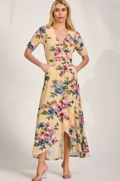 Ruched Sleeve Mesh Maxi Dress, Yellow Floral
