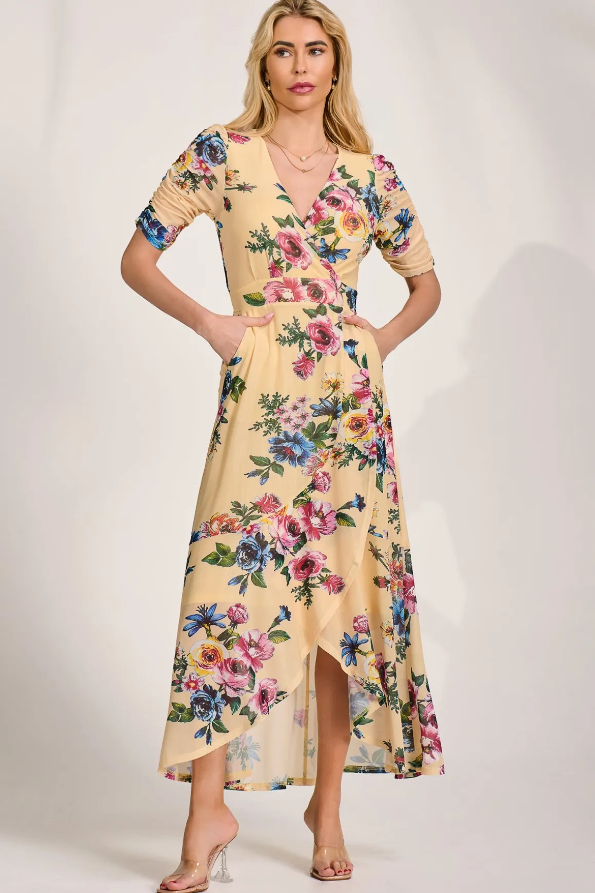 Ruched Sleeve Mesh Maxi Dress, Yellow Floral
