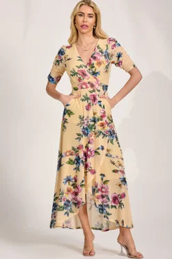 Ruched Sleeve Mesh Maxi Dress, Yellow Floral