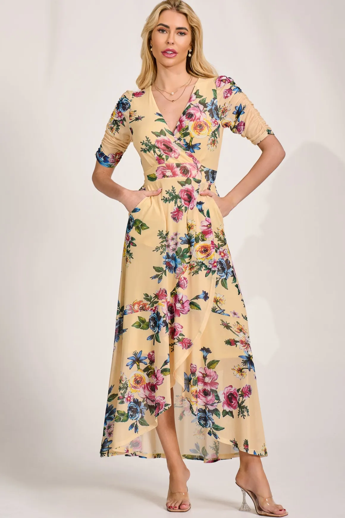 Ruched Sleeve Mesh Maxi Dress, Yellow Floral