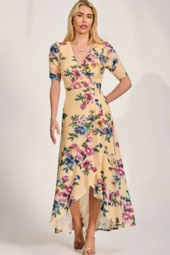 Ruched Sleeve Mesh Maxi Dress, Yellow Floral