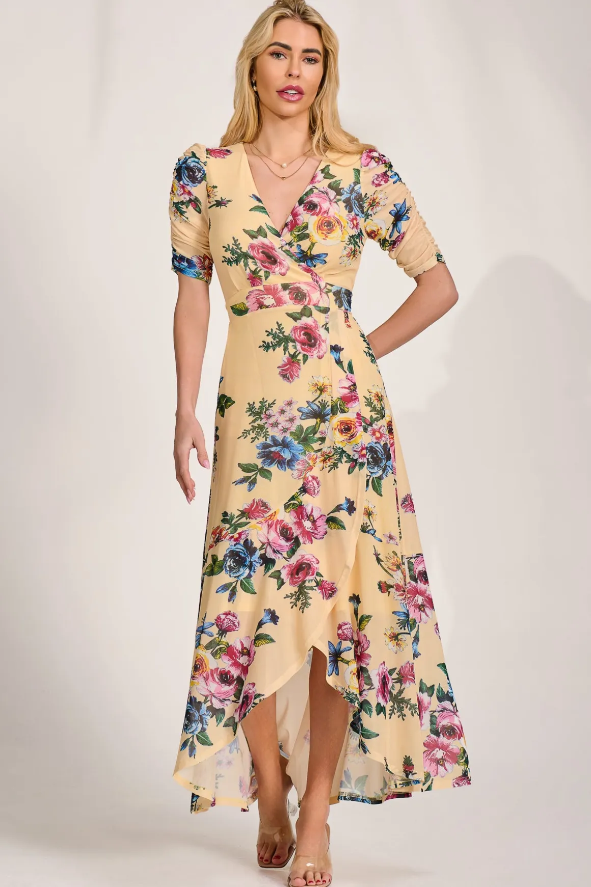 Ruched Sleeve Mesh Maxi Dress, Yellow Floral