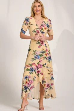Ruched Sleeve Mesh Maxi Dress, Yellow Floral