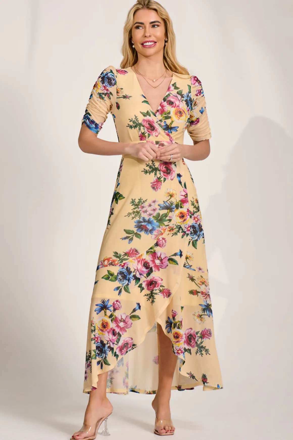 Ruched Sleeve Mesh Maxi Dress, Yellow Floral