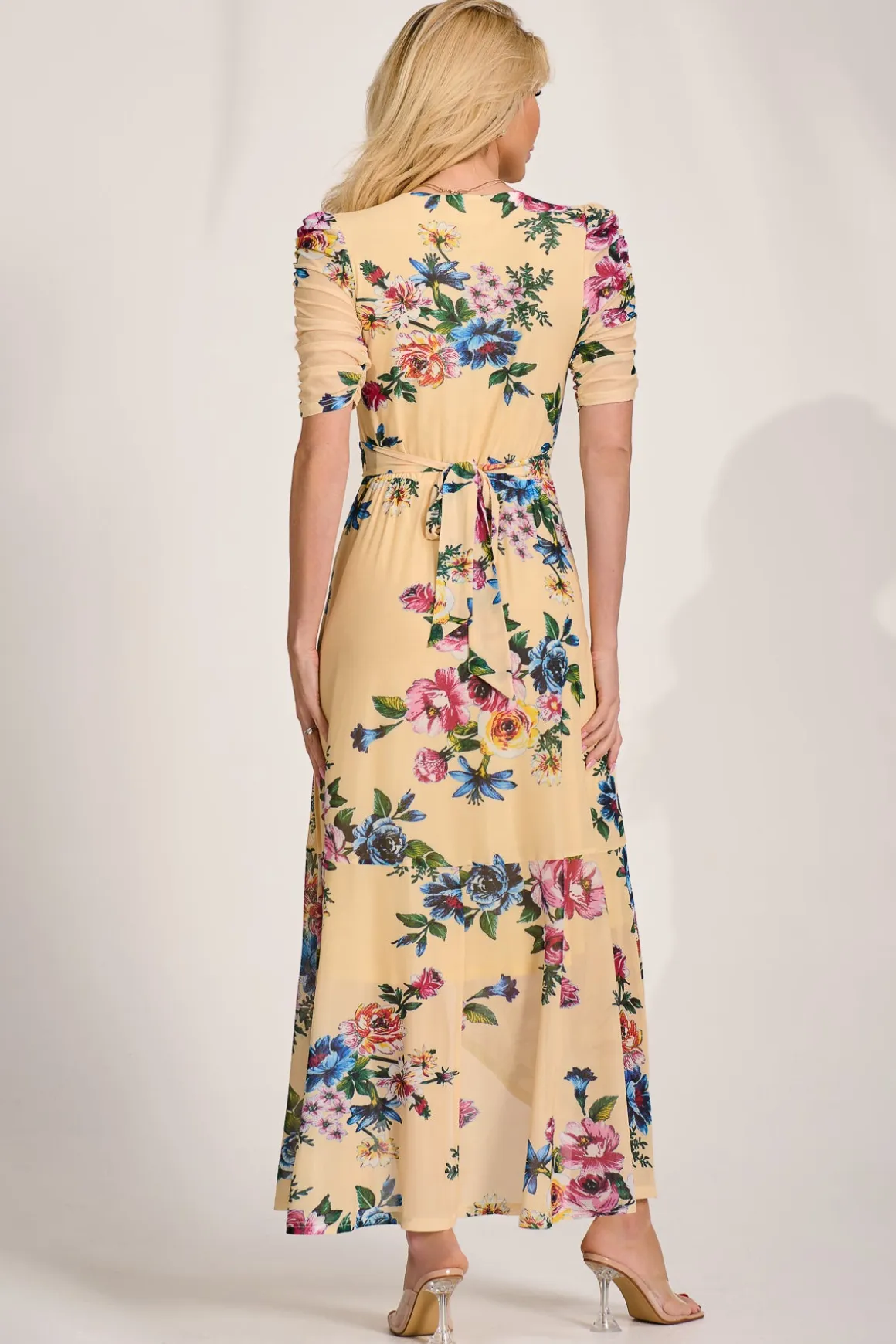 Ruched Sleeve Mesh Maxi Dress, Yellow Floral
