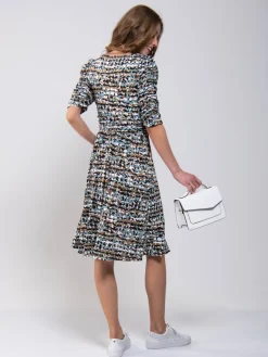 Ruched Sleeve Print Jersey Midi Dress, Blue Abstract