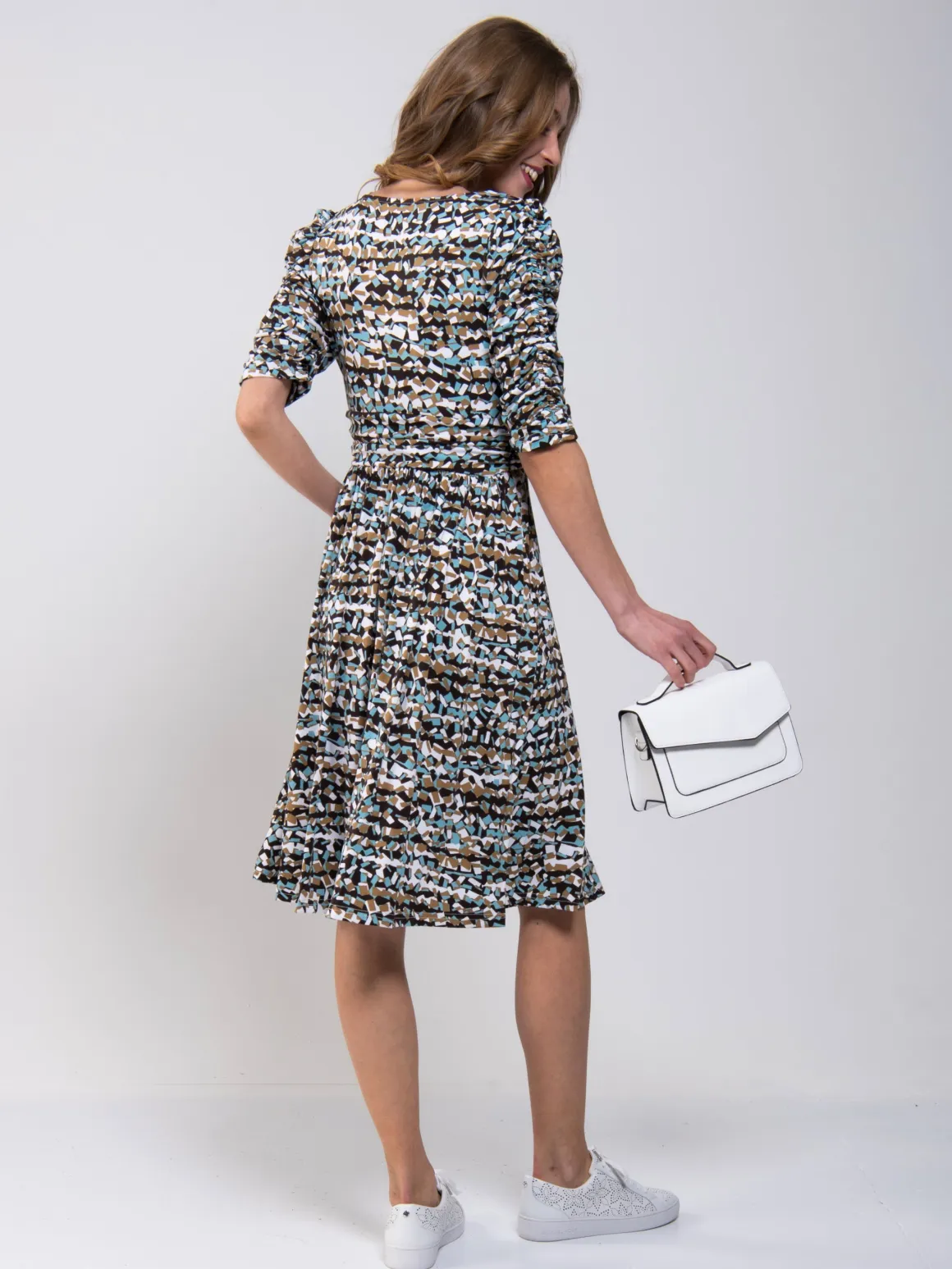 Ruched Sleeve Print Jersey Midi Dress, Blue Abstract