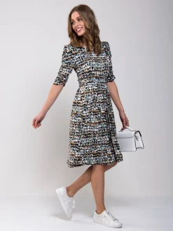 Ruched Sleeve Print Jersey Midi Dress, Blue Abstract