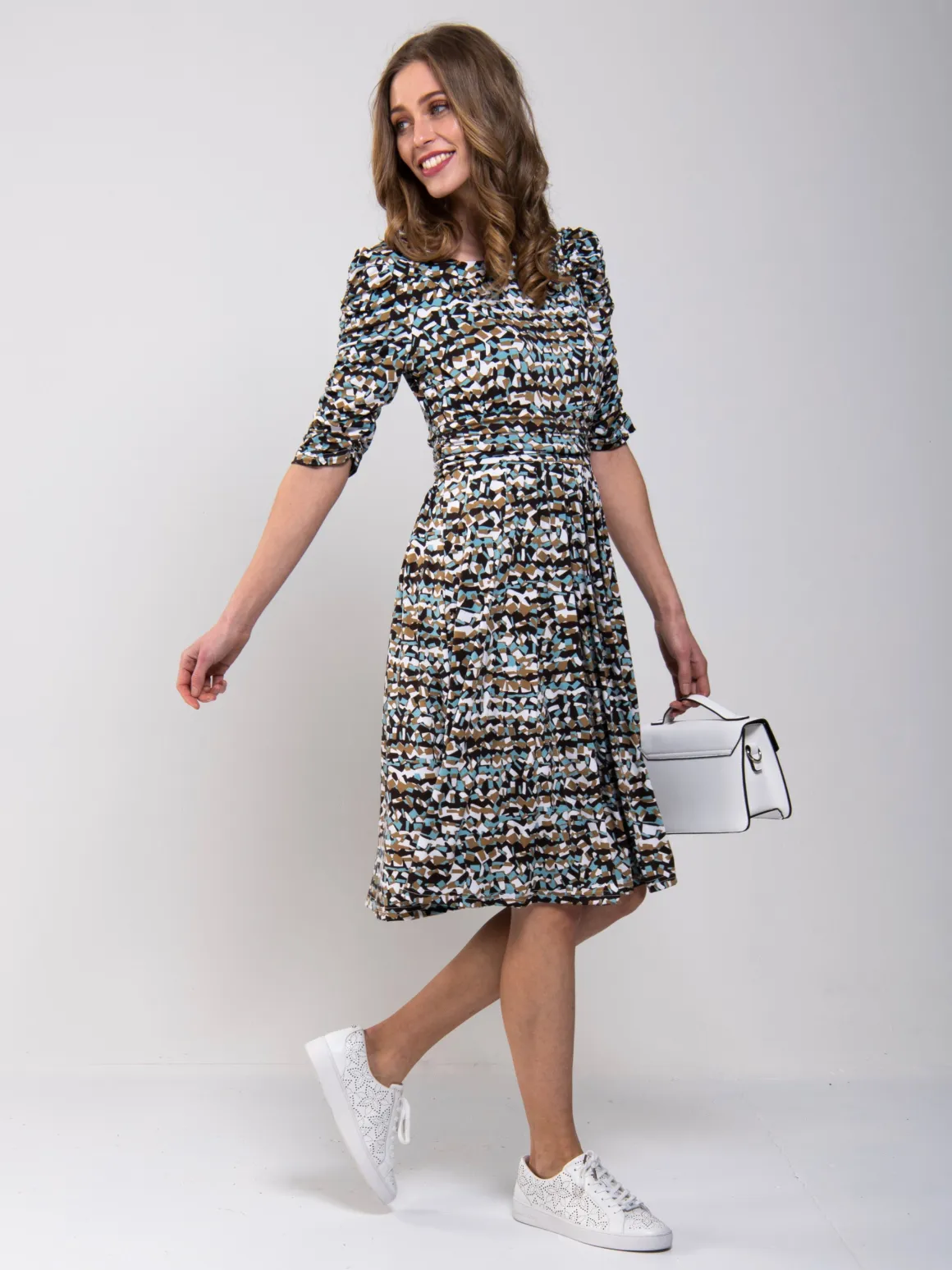 Ruched Sleeve Print Jersey Midi Dress, Blue Abstract