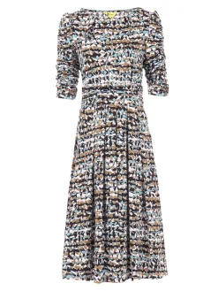Ruched Sleeve Print Jersey Midi Dress, Blue Abstract