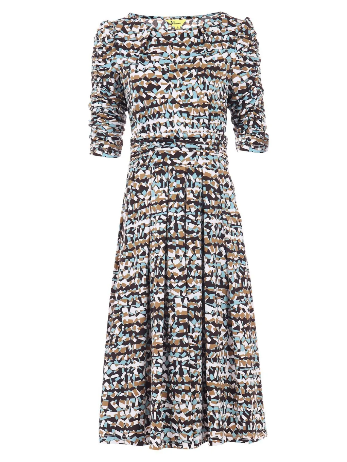Ruched Sleeve Print Jersey Midi Dress, Blue Abstract