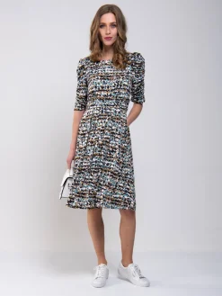 Ruched Sleeve Print Jersey Midi Dress, Blue Abstract