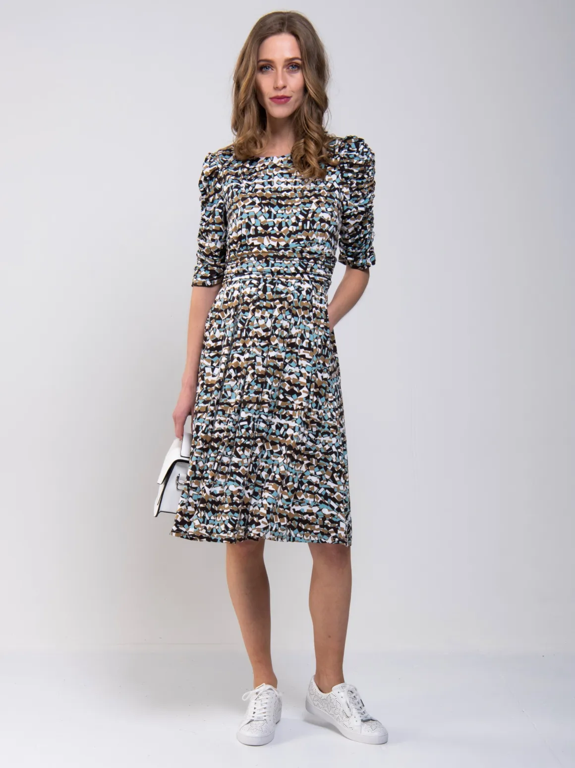 Ruched Sleeve Print Jersey Midi Dress, Blue Abstract
