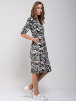 Ruched Sleeve Print Jersey Midi Dress, Blue Abstract