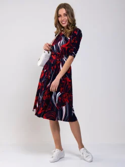 Ruched Sleeve Print Jersey Midi Dress, Navy Abstract