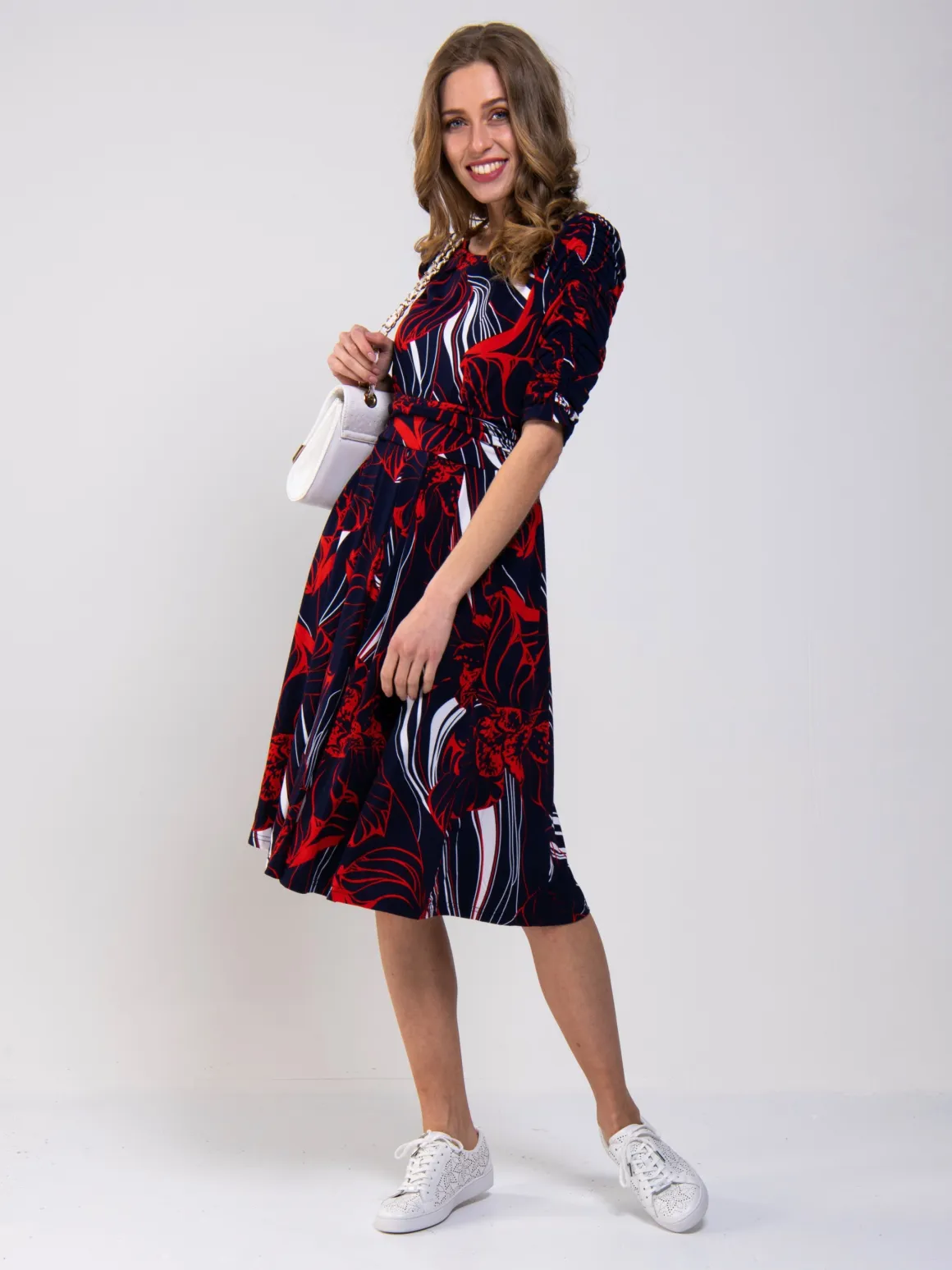 Ruched Sleeve Print Jersey Midi Dress, Navy Abstract