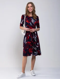 Ruched Sleeve Print Jersey Midi Dress, Navy Abstract