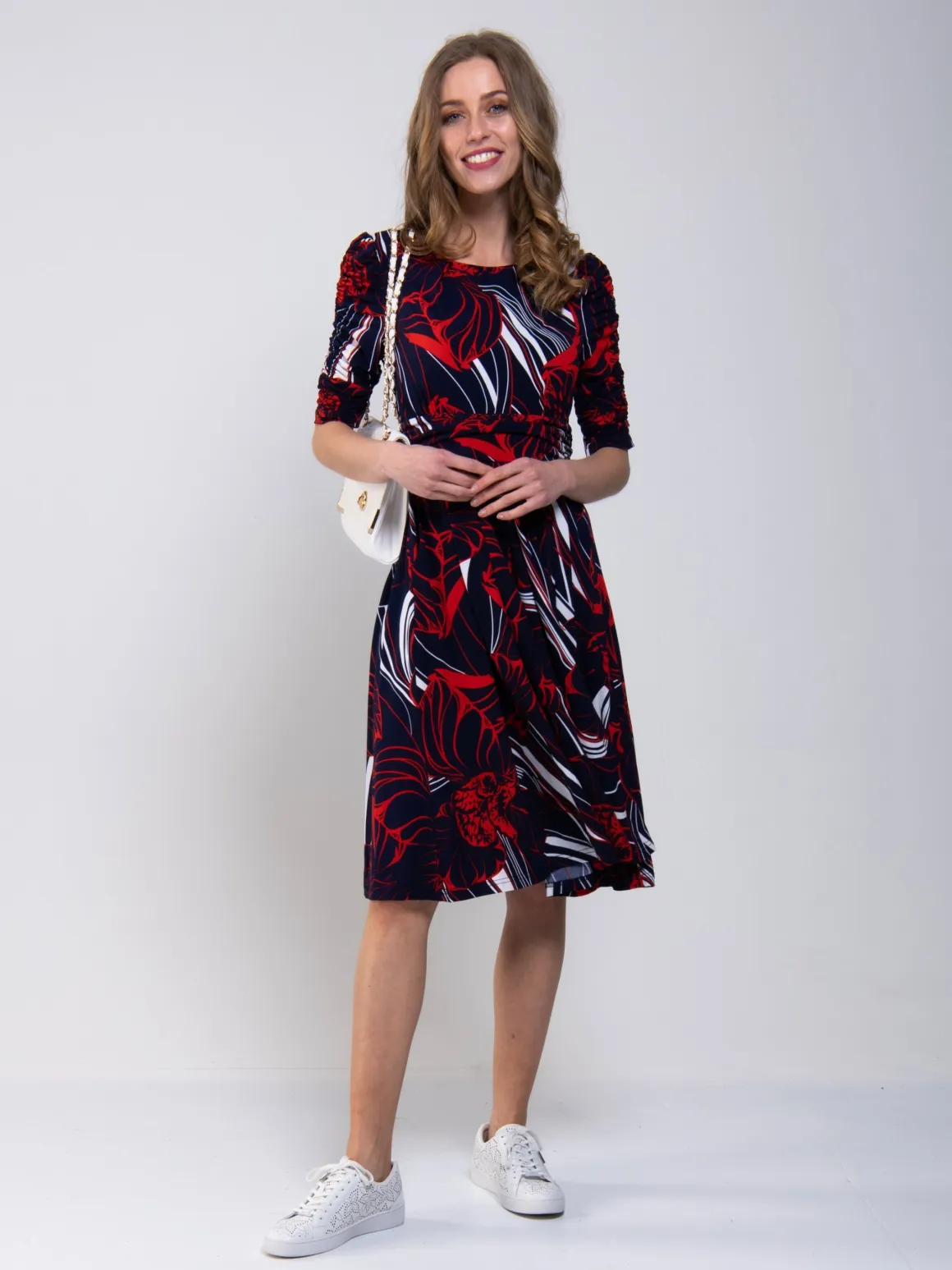 Ruched Sleeve Print Jersey Midi Dress, Navy Abstract